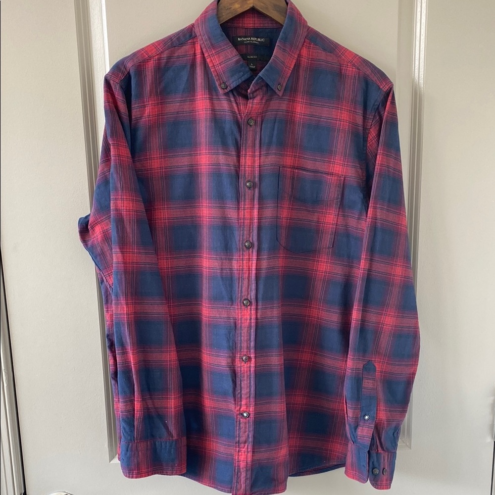 Banana Republic Red and Blue Plaid Luxe Flannel Button-Down Shirt